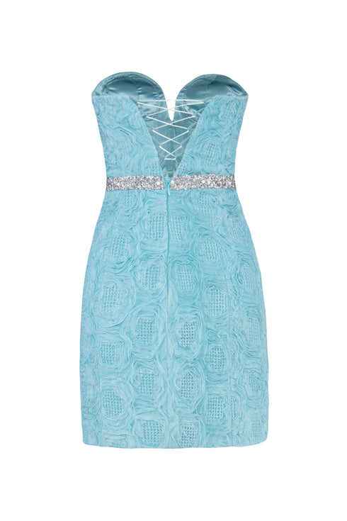 Belt Detailed Strapless Light Blue Mini Dress